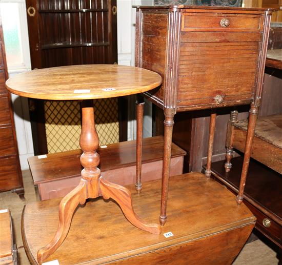 Walnut bedside cupboard, with drawer and tambour shutter and a mahogany circular topped wine table